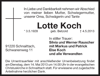 Traueranzeige von Lotte Koch von Pegnitz-Zeitung